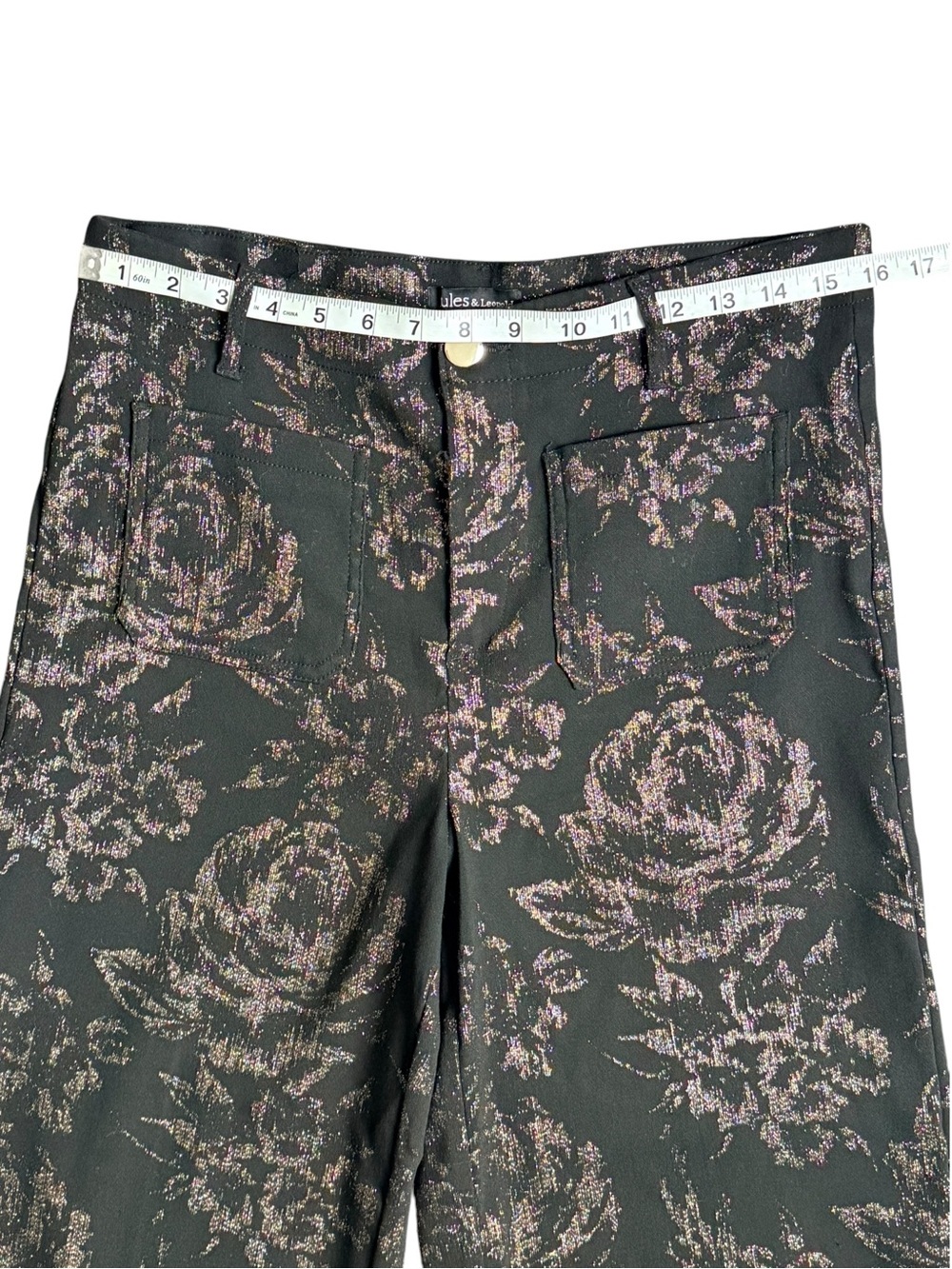 Jules & Leopold Metallic Floral Wide Leg Pants Black Gold Roses L - Picture 5 of 13